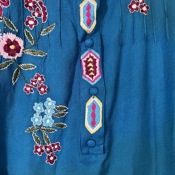 Luv Embroidered Peasant Tunic Shirt Turquoise Blue Women Sz L Boho Aztec - Picture 5 of 10